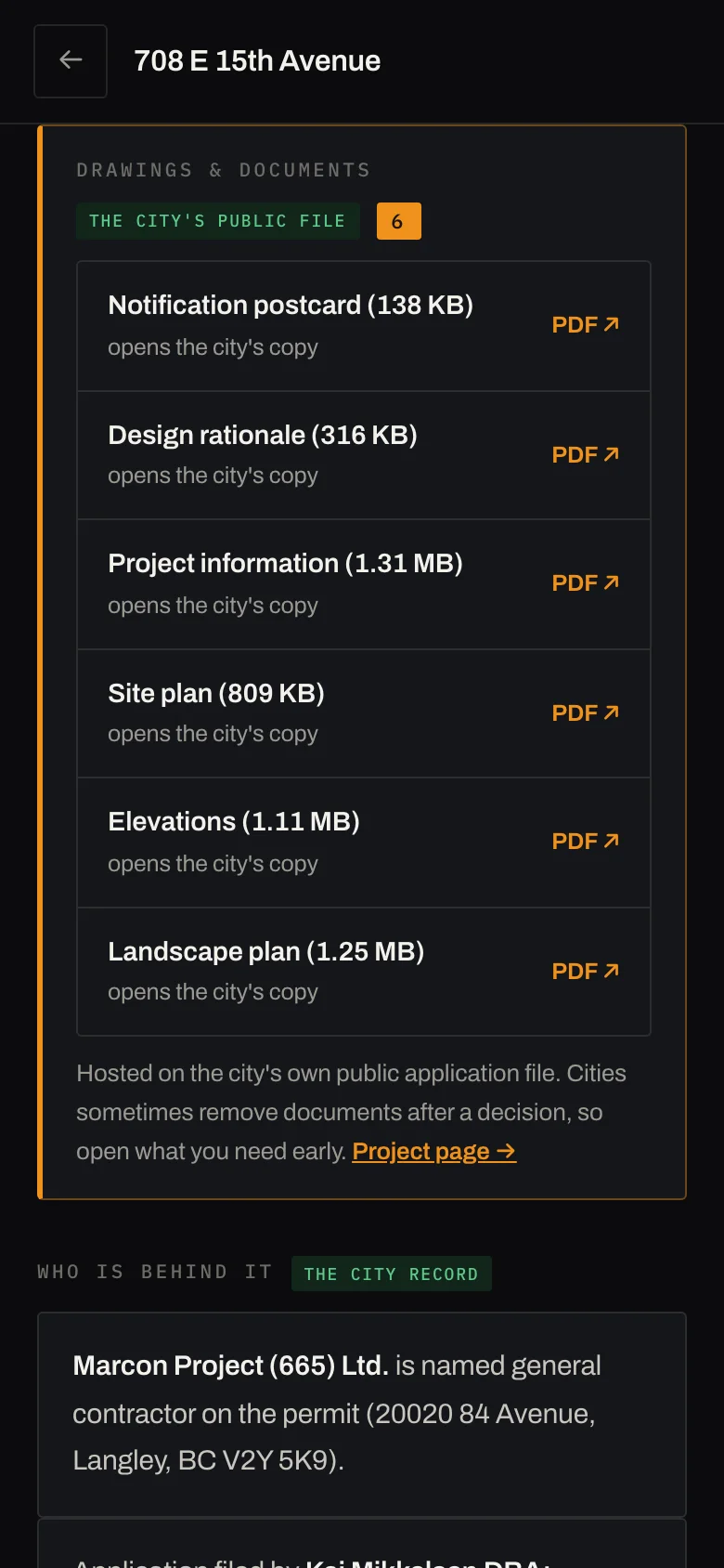 A project page on a phone: six city PDFs one tap each, and the general contractor named from the permit